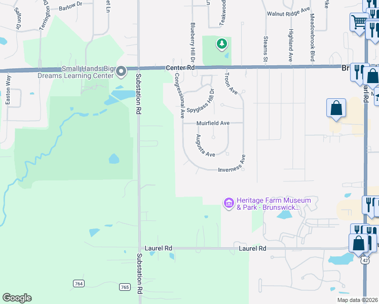 map of restaurants, bars, coffee shops, grocery stores, and more near 1525 Congressional Avenue in Brunswick