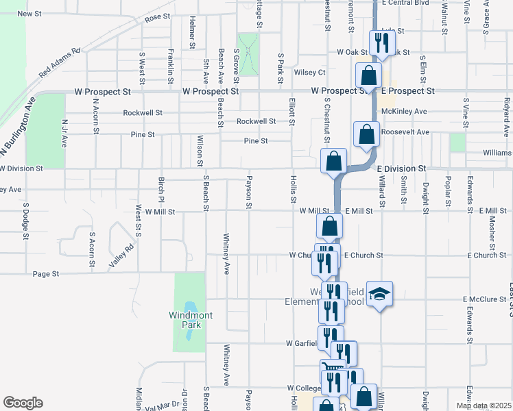 map of restaurants, bars, coffee shops, grocery stores, and more near 128-198 Payson Street in Kewanee