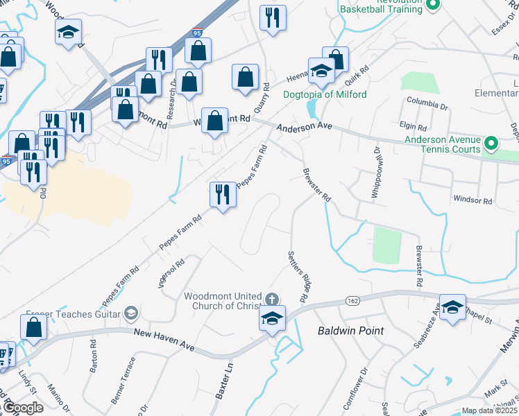 map of restaurants, bars, coffee shops, grocery stores, and more near 78 Stagecoach Circle in Milford