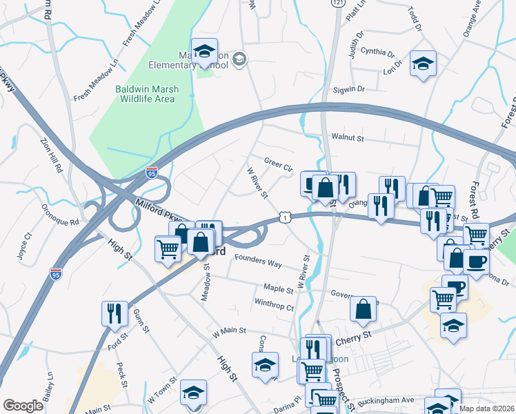 map of restaurants, bars, coffee shops, grocery stores, and more near 287 West River Street in Milford
