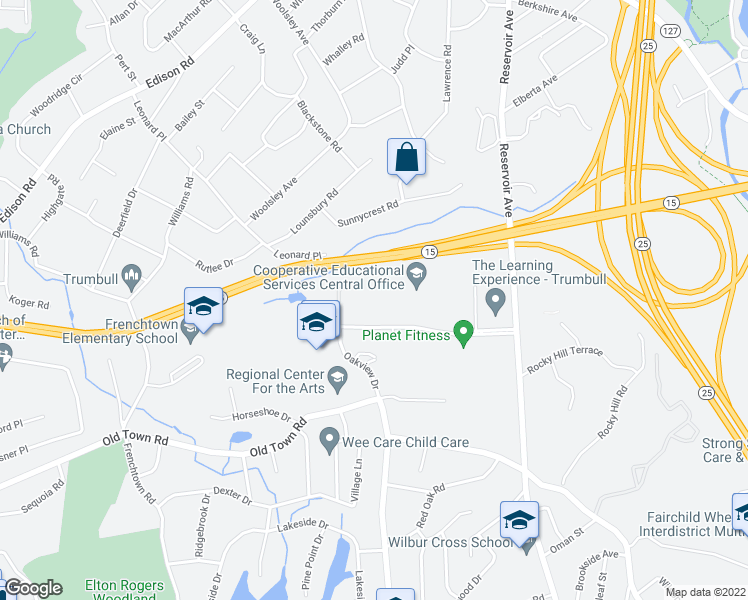 map of restaurants, bars, coffee shops, grocery stores, and more near 100 Oakview Drive in Trumbull