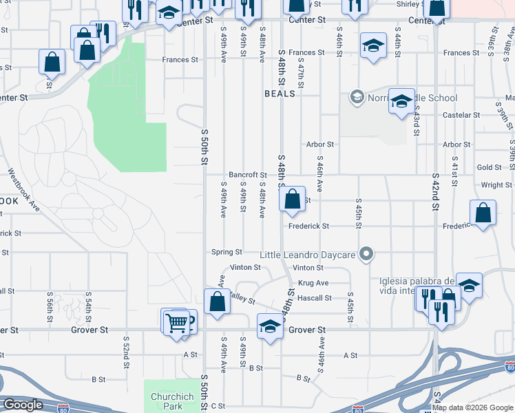 map of restaurants, bars, coffee shops, grocery stores, and more near 2721 South 48th Avenue in Omaha