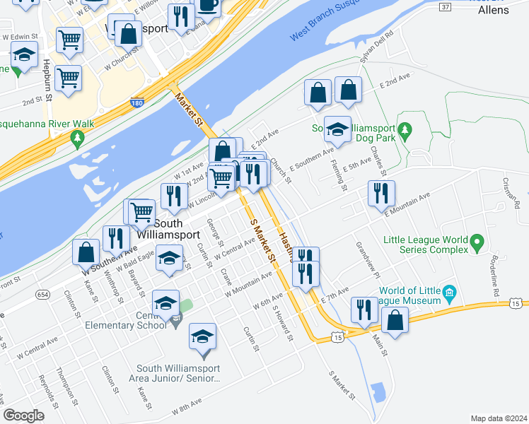 map of restaurants, bars, coffee shops, grocery stores, and more near 30 East Southern Avenue in Williamsport