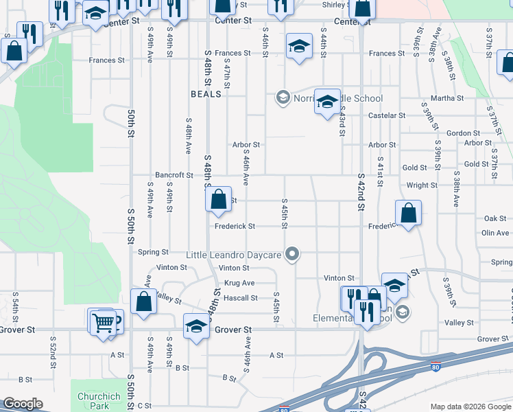 map of restaurants, bars, coffee shops, grocery stores, and more near 4532 Oak Street in Omaha