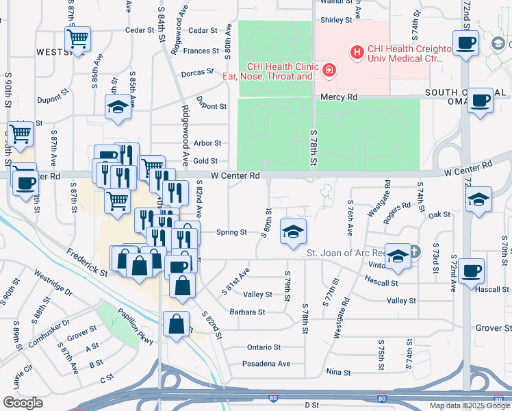 map of restaurants, bars, coffee shops, grocery stores, and more near 8015 West Center Road in Omaha