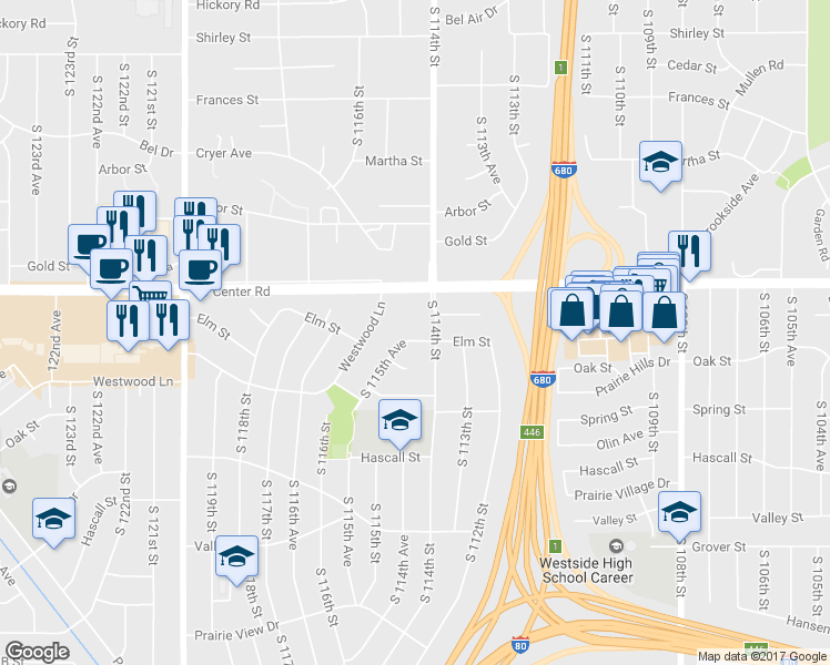 map of restaurants, bars, coffee shops, grocery stores, and more near 2730 South 114th Street in Omaha