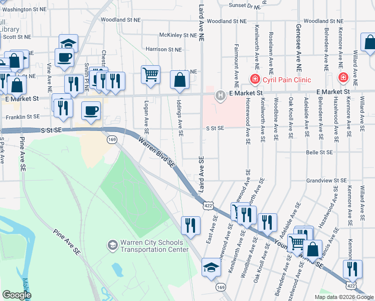 map of restaurants, bars, coffee shops, grocery stores, and more near 397 Iddings Avenue Southeast in Warren