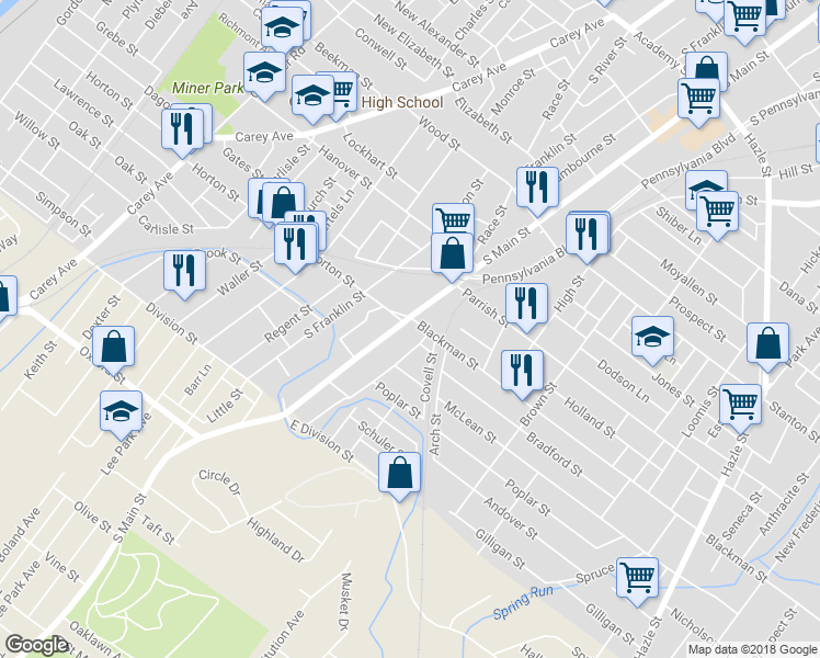 map of restaurants, bars, coffee shops, grocery stores, and more near 770 South Main Street in Wilkes-Barre