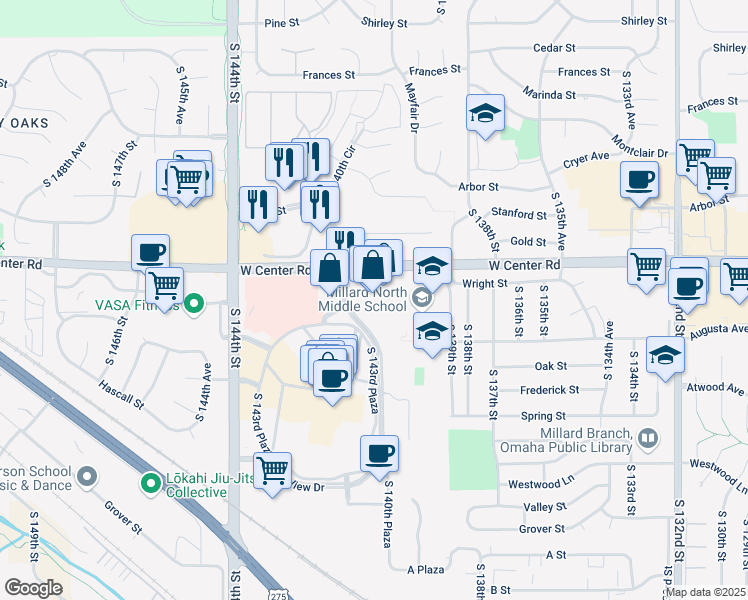 map of restaurants, bars, coffee shops, grocery stores, and more near 13925-14109 West Center Road in Omaha
