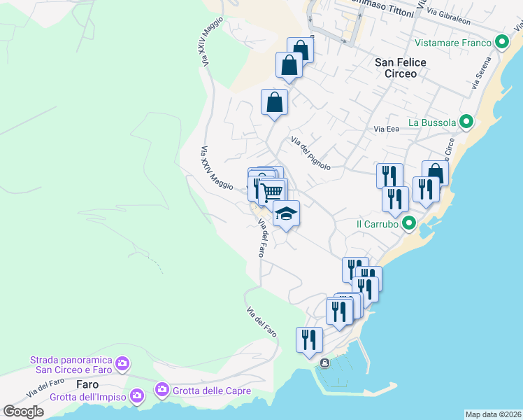 map of restaurants, bars, coffee shops, grocery stores, and more near 1 Piazza Lanzuisi in San Felice Circeo