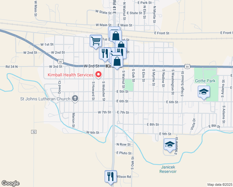 map of restaurants, bars, coffee shops, grocery stores, and more near 410 South Walnut Street in Kimball