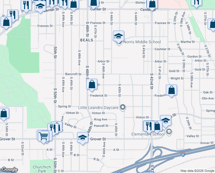 map of restaurants, bars, coffee shops, grocery stores, and more near 4532 Oak Street in Omaha