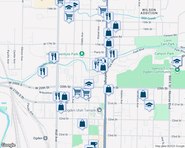 map of restaurants, bars, coffee shops, grocery stores, and more near 314 Park Boulevard in Ogden
