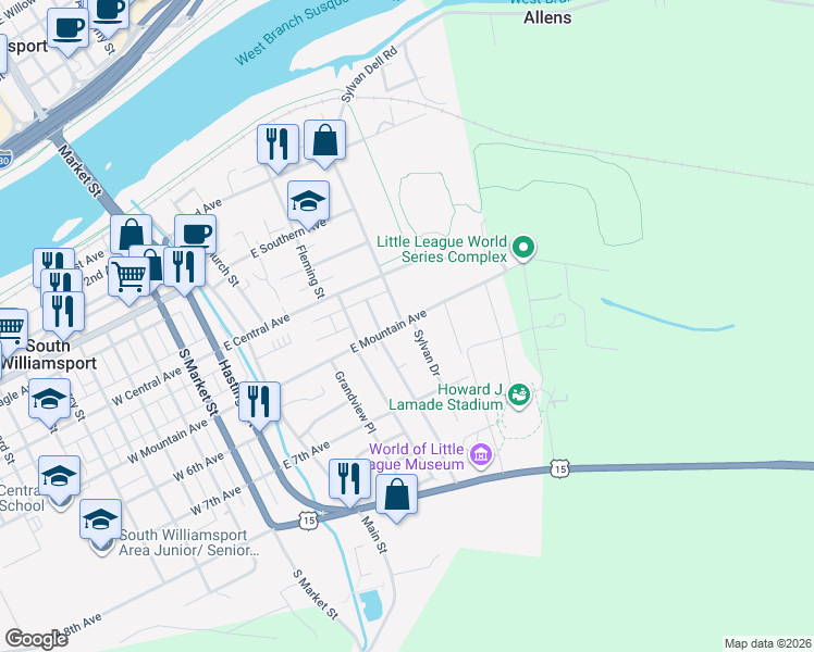 map of restaurants, bars, coffee shops, grocery stores, and more near 500 Sylvan Drive in South Williamsport