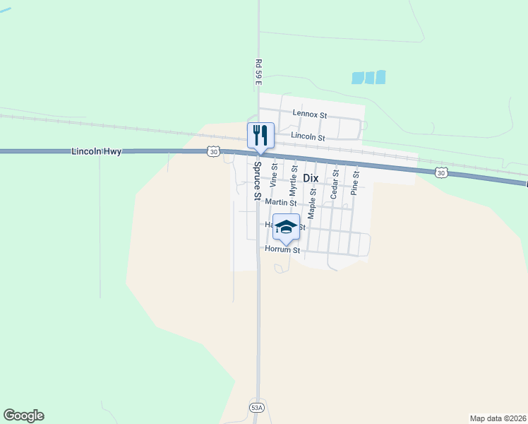 map of restaurants, bars, coffee shops, grocery stores, and more near 200 Martin Street in Dix