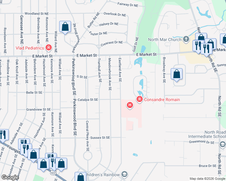 map of restaurants, bars, coffee shops, grocery stores, and more near 375 Meadowbrook Avenue Southeast in Warren
