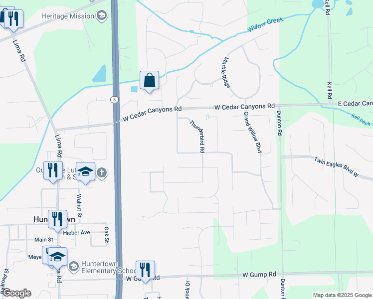 map of restaurants, bars, coffee shops, grocery stores, and more near 16134 Silver Shadow Lane in Huntertown