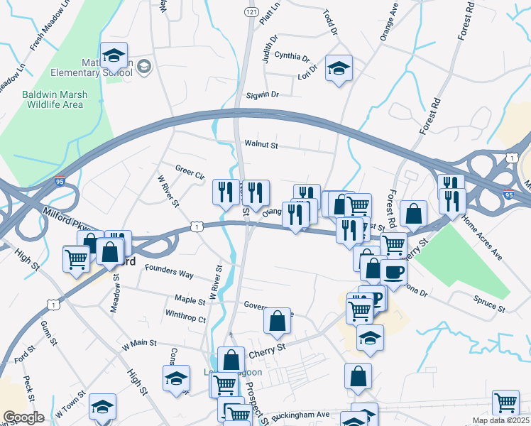 map of restaurants, bars, coffee shops, grocery stores, and more near 30 Orange Avenue in Milford