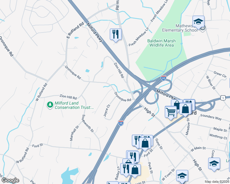 map of restaurants, bars, coffee shops, grocery stores, and more near 85 Oronoque Road in Milford