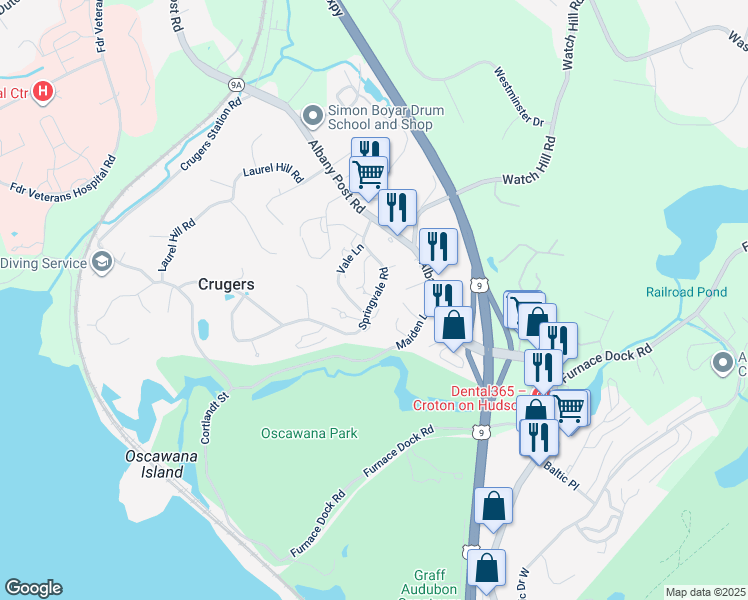 map of restaurants, bars, coffee shops, grocery stores, and more near 24 Springvale Road in Croton-on-Hudson