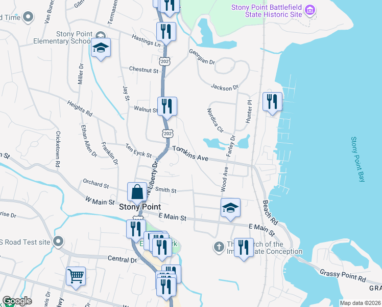 map of restaurants, bars, coffee shops, grocery stores, and more near 15 Hoover Place in Stony Point