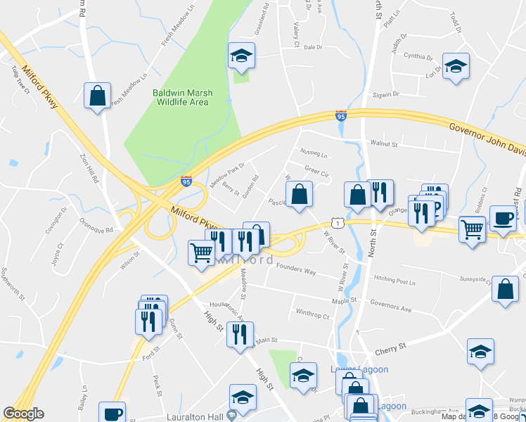 map of restaurants, bars, coffee shops, grocery stores, and more near 145 Meadow Street in Milford