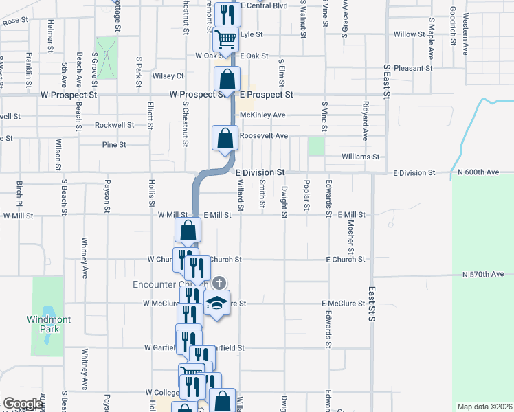 map of restaurants, bars, coffee shops, grocery stores, and more near 115-147 Smith Street in Kewanee