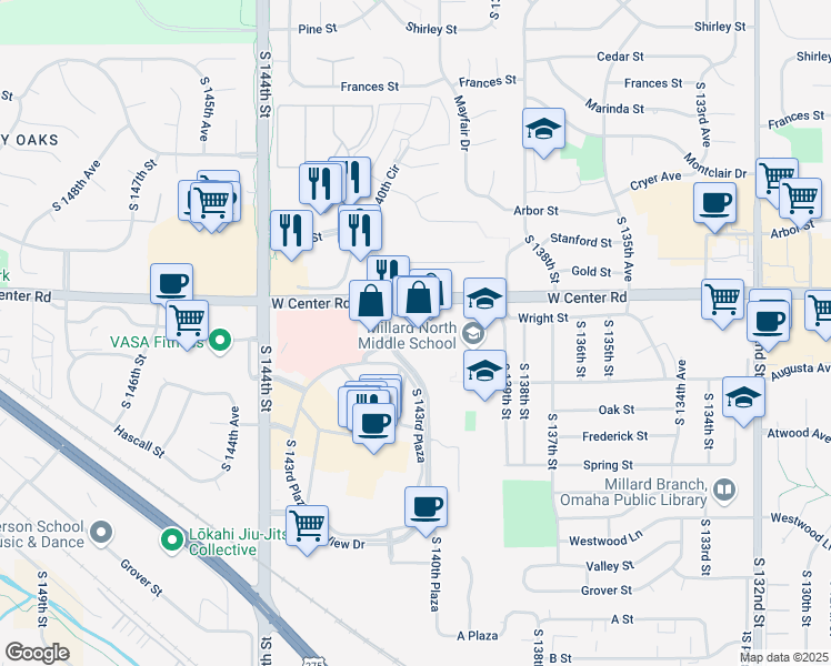 map of restaurants, bars, coffee shops, grocery stores, and more near 13925 West Center Road in Omaha