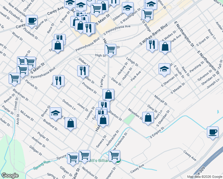 map of restaurants, bars, coffee shops, grocery stores, and more near 244 Hazle Street in Wilkes-Barre
