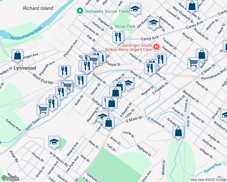 map of restaurants, bars, coffee shops, grocery stores, and more near 160 Division Street in Wilkes-Barre