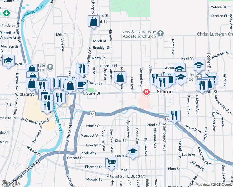 map of restaurants, bars, coffee shops, grocery stores, and more near 422 East State Street in Sharon