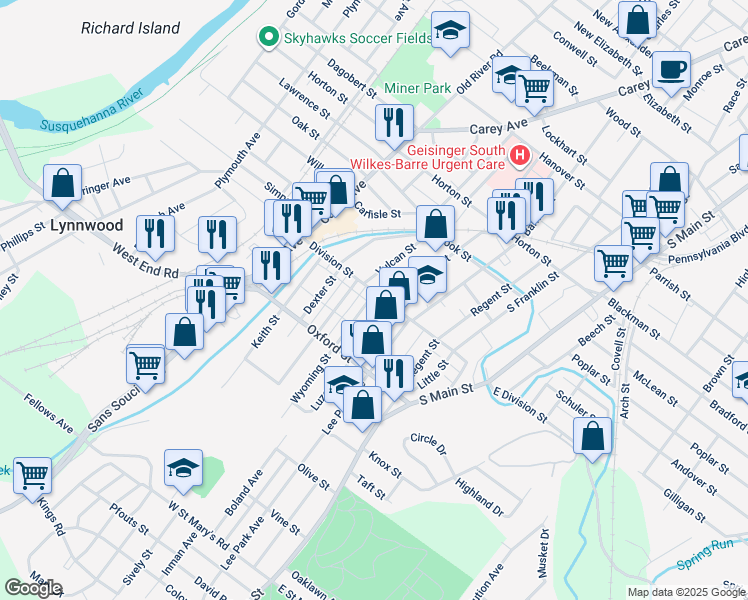 map of restaurants, bars, coffee shops, grocery stores, and more near 160 Division Street in Wilkes-Barre