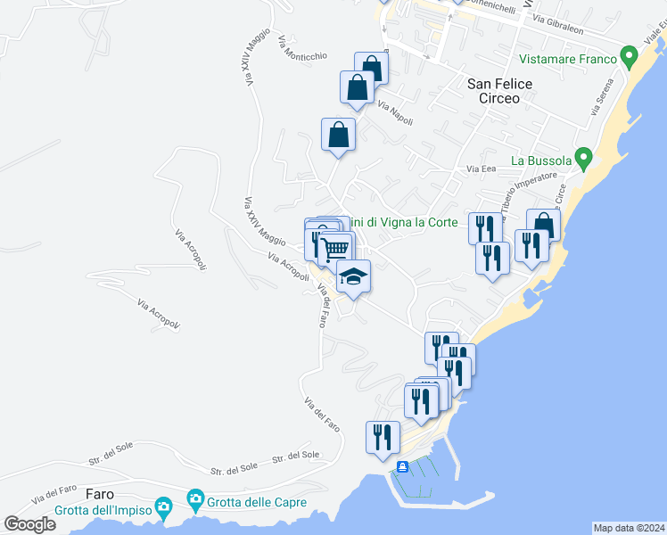 map of restaurants, bars, coffee shops, grocery stores, and more near 1 Piazza Lanzuisi in San Felice Circeo
