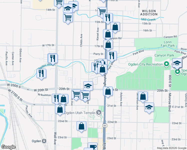 map of restaurants, bars, coffee shops, grocery stores, and more near South 325 East in Ogden