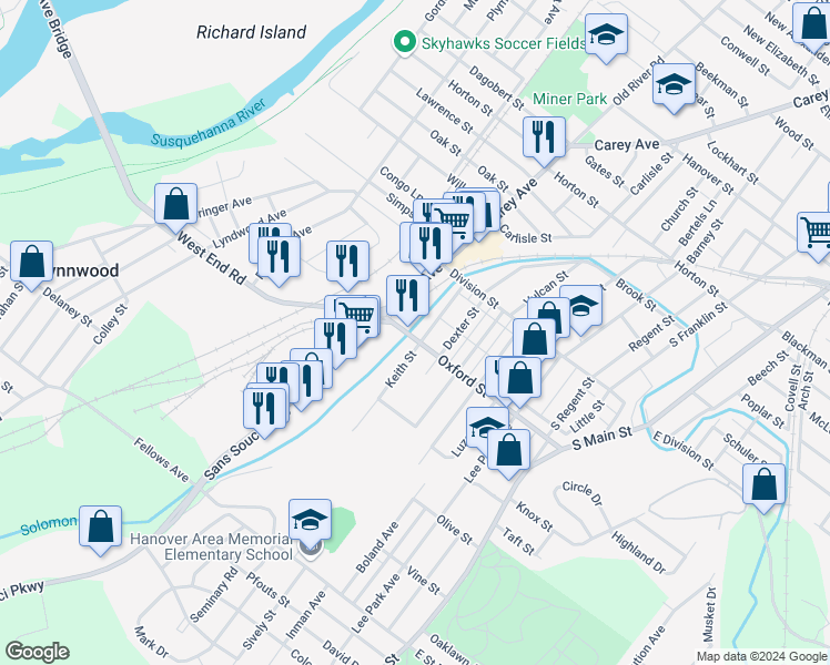 map of restaurants, bars, coffee shops, grocery stores, and more near 116 Oxford Street in Wilkes-Barre