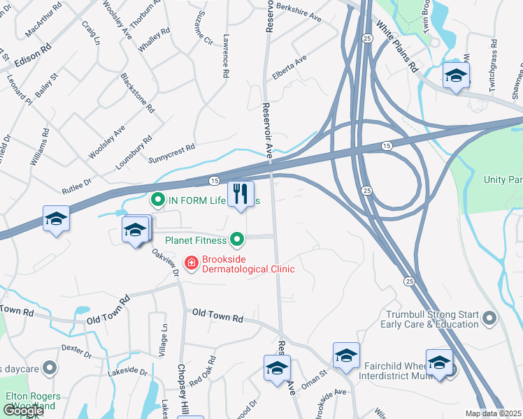 map of restaurants, bars, coffee shops, grocery stores, and more near 30 Lindeman Drive in Trumbull
