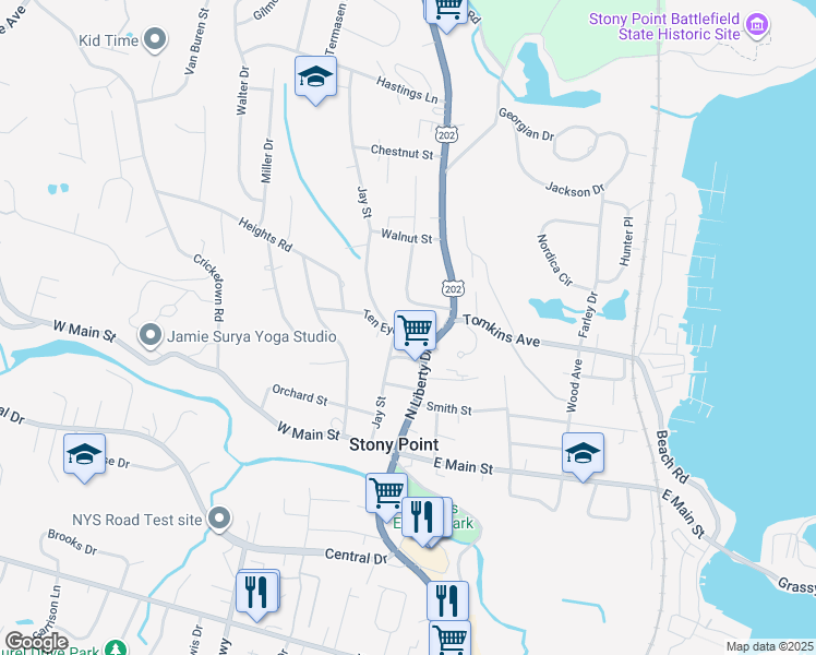 map of restaurants, bars, coffee shops, grocery stores, and more near 9 Ten Eyck Street in Stony Point
