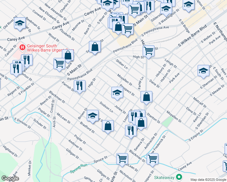 map of restaurants, bars, coffee shops, grocery stores, and more near 144 Stanton Street in Wilkes-Barre