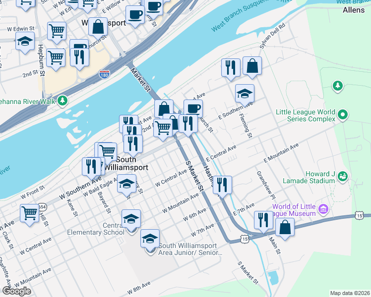 map of restaurants, bars, coffee shops, grocery stores, and more near 30 East Southern Avenue in Williamsport