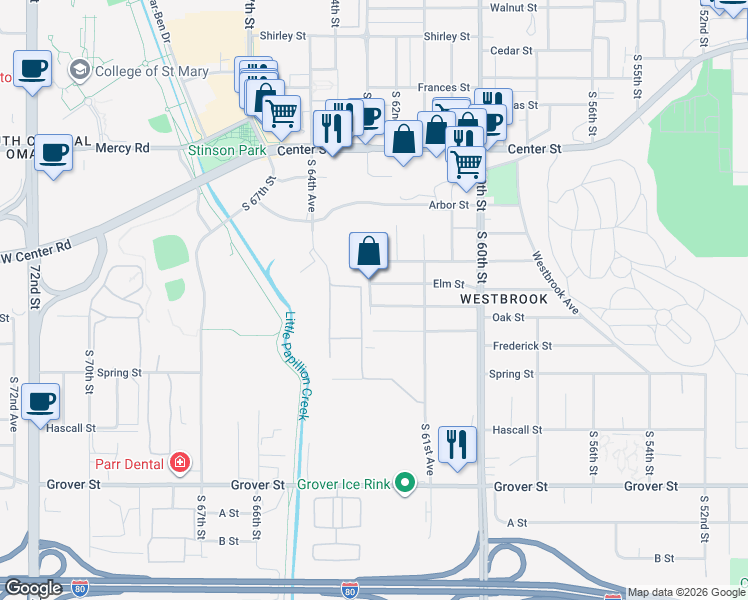 map of restaurants, bars, coffee shops, grocery stores, and more near 6216 Elm Street in Omaha