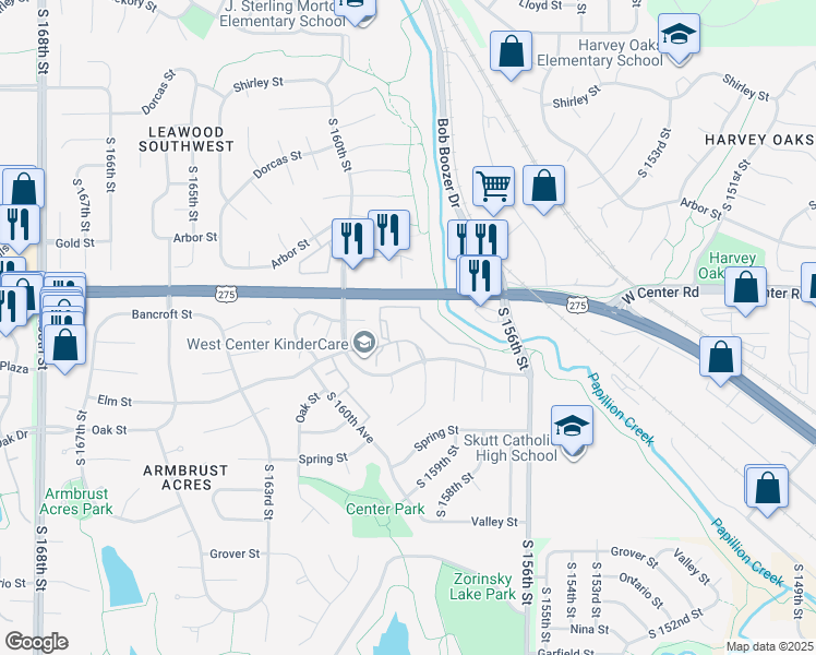 map of restaurants, bars, coffee shops, grocery stores, and more near 15921 Bancroft Court in Omaha