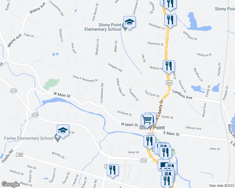 map of restaurants, bars, coffee shops, grocery stores, and more near 19 Ethan Allen Drive in Stony Point