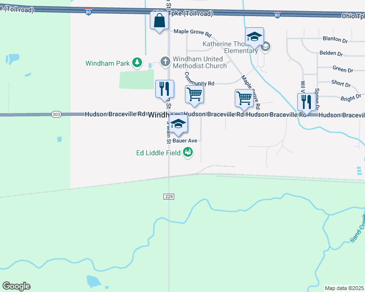 map of restaurants, bars, coffee shops, grocery stores, and more near 9530 Bauer Avenue in Windham
