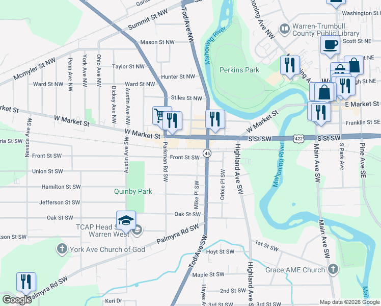 map of restaurants, bars, coffee shops, grocery stores, and more near 855 West Market Street in Warren