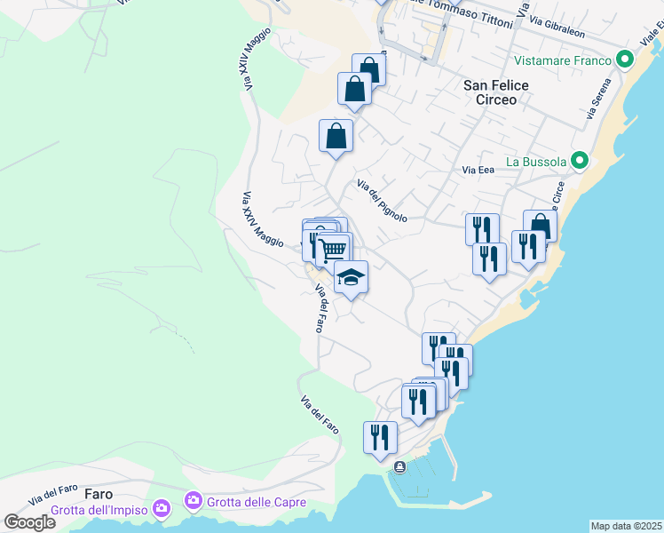 map of restaurants, bars, coffee shops, grocery stores, and more near 1 Piazza Lanzuisi in San Felice Circeo