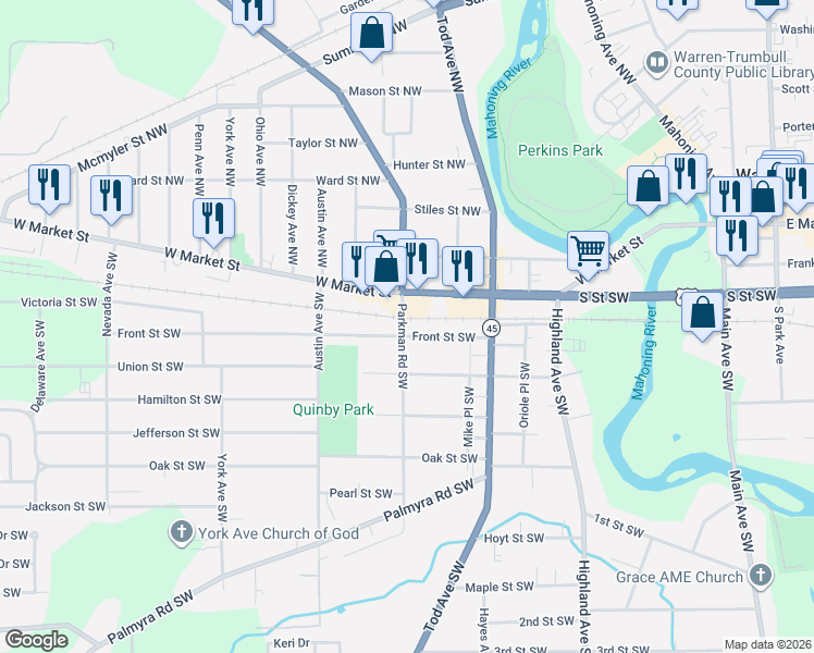 map of restaurants, bars, coffee shops, grocery stores, and more near 1001 West Market Street in Warren
