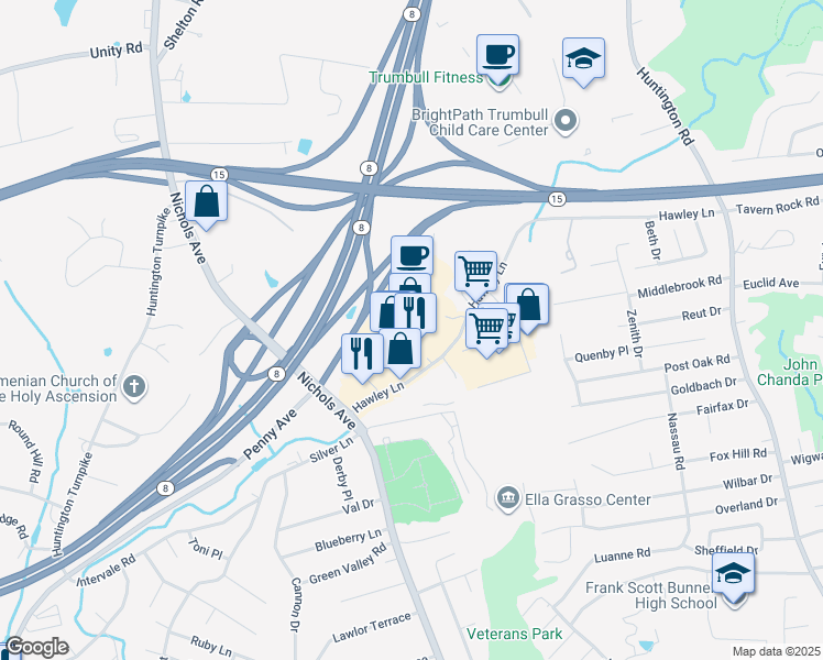 map of restaurants, bars, coffee shops, grocery stores, and more near 100 Hawley Lane in Trumbull