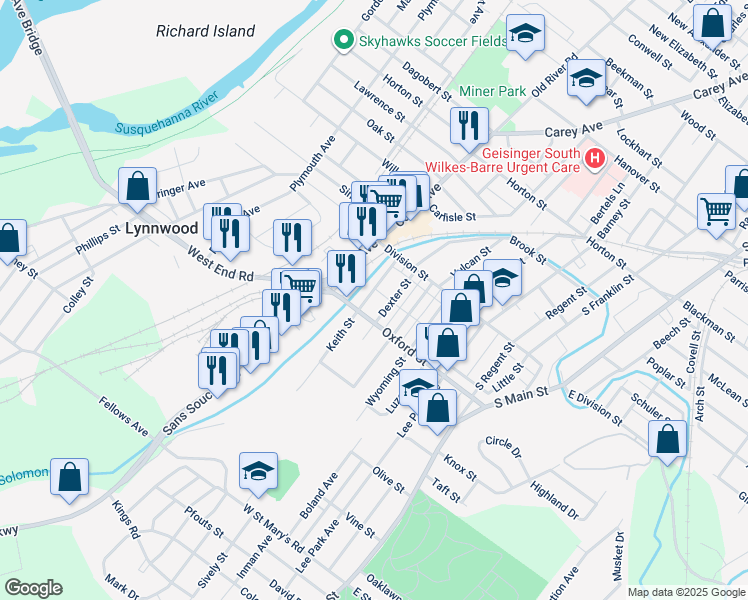 map of restaurants, bars, coffee shops, grocery stores, and more near 37 Keith Street in Wilkes-Barre