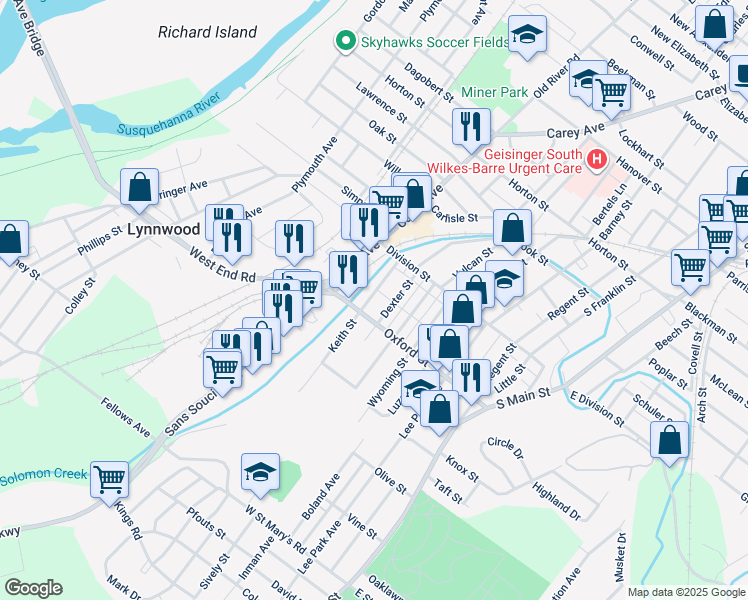 map of restaurants, bars, coffee shops, grocery stores, and more near 37 Keith Street in Wilkes-Barre