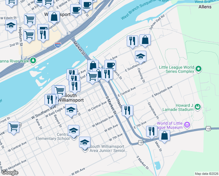 map of restaurants, bars, coffee shops, grocery stores, and more near 30 East Southern Avenue in Williamsport